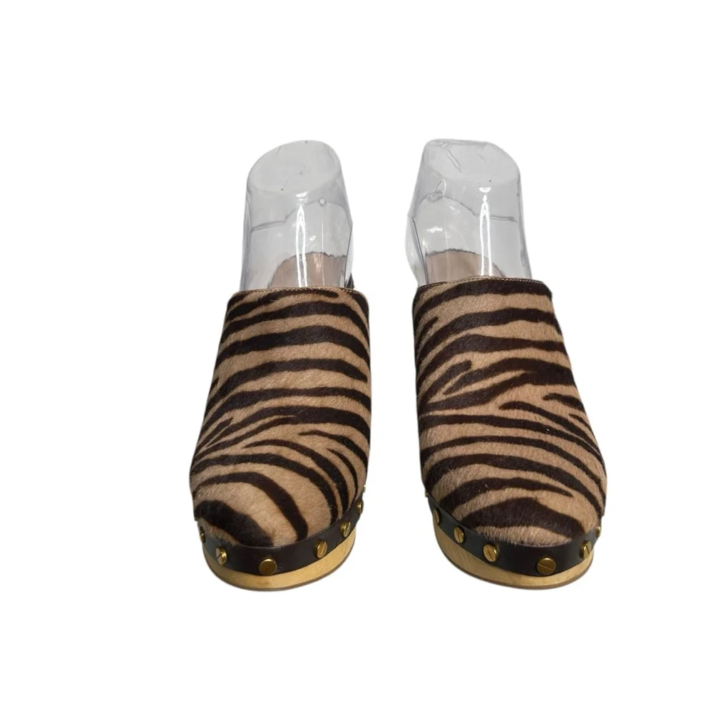 Veronica Beard Grita Calf Hair Studded Mules Clogs Wooden Heels Zebra Size 7 - Picture 7 of 12